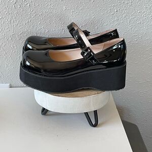 NWOT Unbranded Womens Shinny Black College Wedge Platform Mary Jane Shoe Size 46